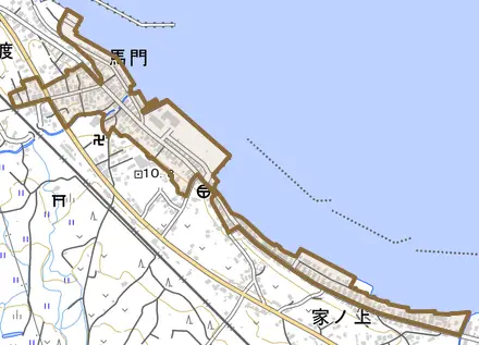 字馬門とその周辺の地図。町の範囲を重ねている