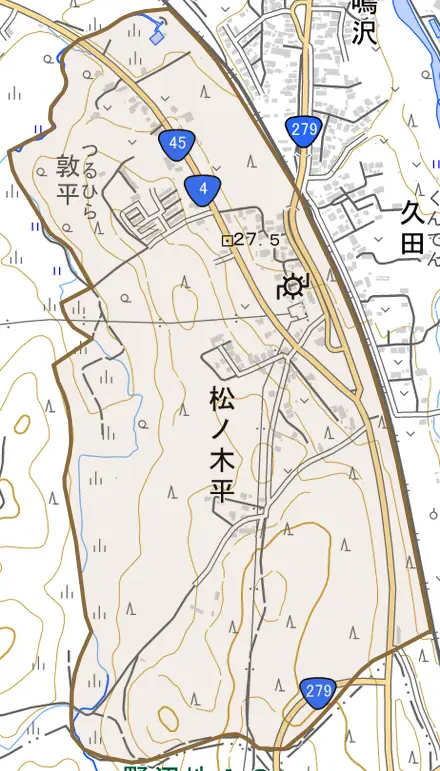 字松ノ木平とその周辺の地図。町の範囲を重ねている