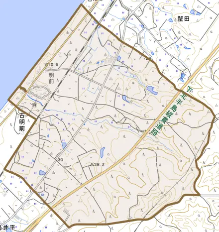 字明前とその周辺の地図。町の範囲を重ねている