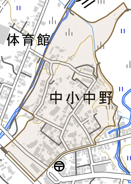 字中小中野とその周辺の地図。町の範囲を重ねている