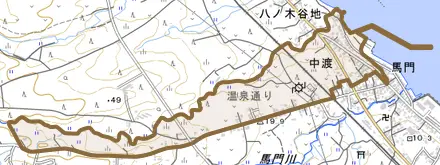 字中渡とその周辺の地図。町の範囲を重ねている