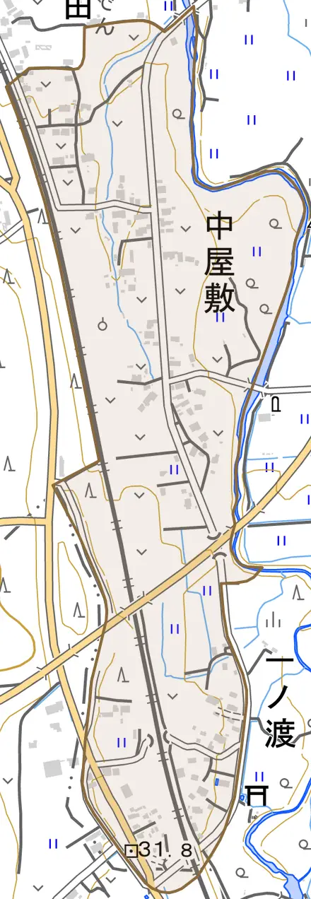 字中屋敷とその周辺の地図。町の範囲を重ねている