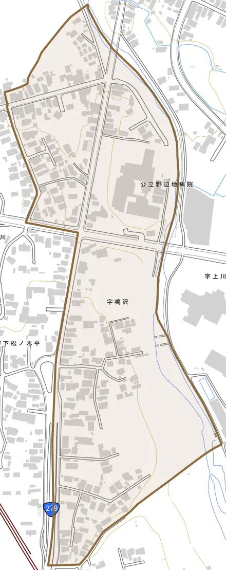 字鳴沢とその周辺の地図。町の範囲を重ねている