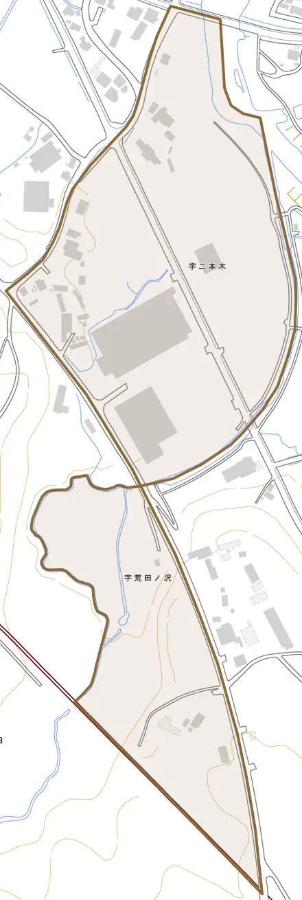 字二本木とその周辺の地図。町の範囲を重ねている