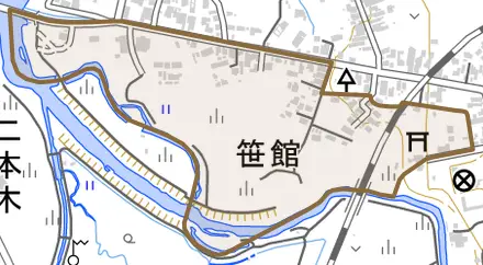 字笹館とその周辺の地図。町の範囲を重ねている
