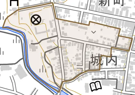 字新町裏とその周辺の地図。町の範囲を重ねている