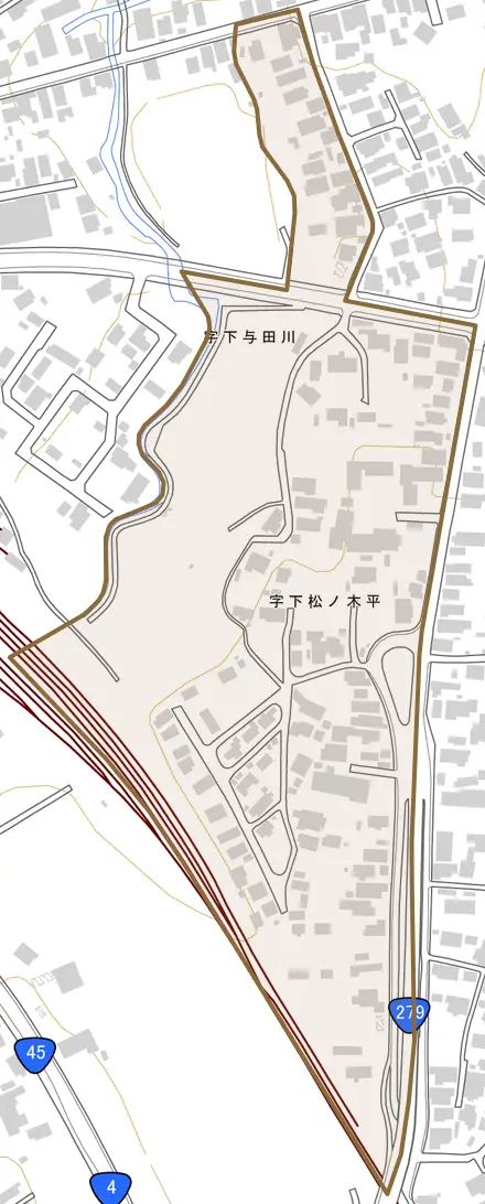 字下松ノ木平とその周辺の地図。町の範囲を重ねている