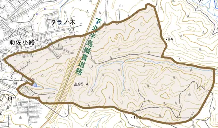 字下坂とその周辺の地図。町の範囲を重ねている