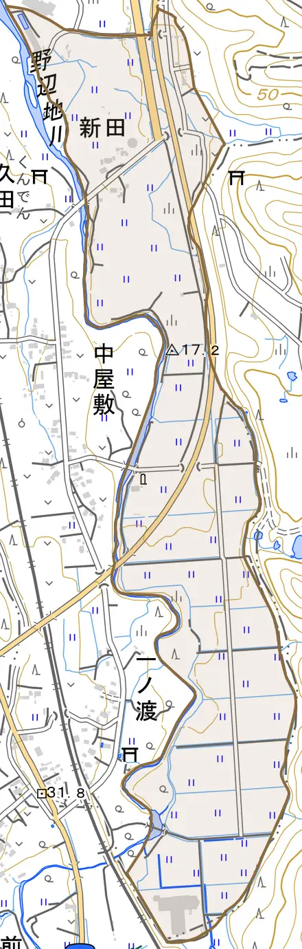 字新田とその周辺の地図。町の範囲を重ねている