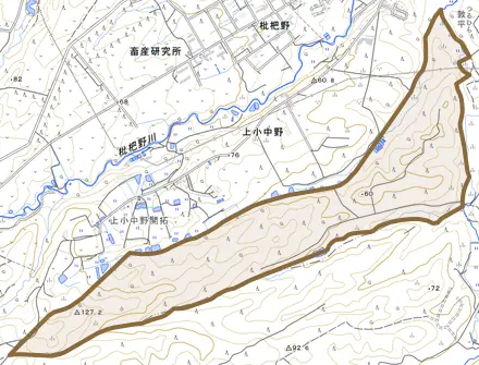 字中与田川とその周辺の地図。町の範囲を重ねている