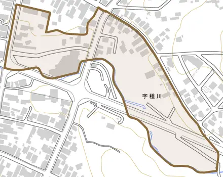 字種川とその周辺の地図。町の範囲を重ねている