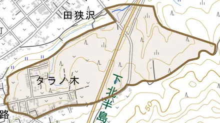 字タラノ木とその周辺の地図。町の範囲を重ねている