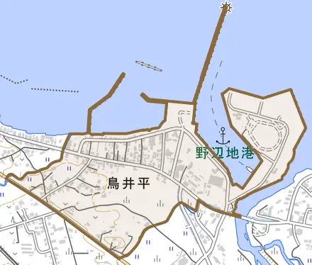 字鳥井平とその周辺の地図。町の範囲を重ねている