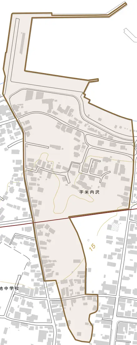 字米内沢とその周辺の地図。町の範囲を重ねている