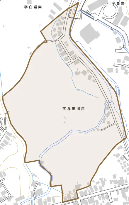 字与田川尻とその周辺の地図。町の範囲を重ねている