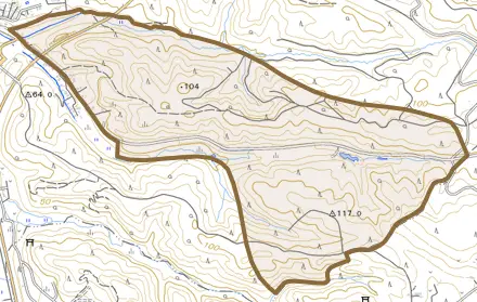 字雑吉沢とその周辺の地図。町の範囲を重ねている