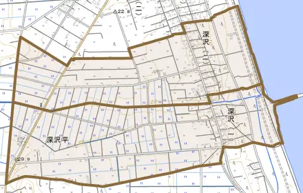 深沢とその周辺の地図。町の範囲を重ねている