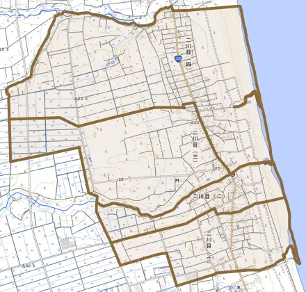 二川目とその周辺の地図。町の範囲を重ねている