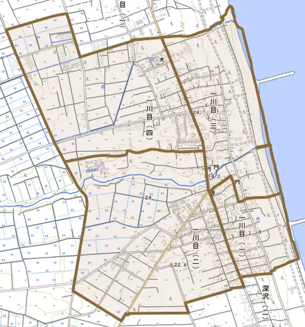 一川目とその周辺の地図。町の範囲を重ねている