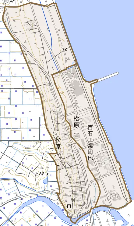 松原とその周辺の地図。町の範囲を重ねている