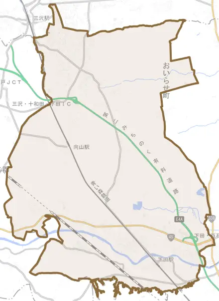 住吉とその周辺の地図。町の範囲を重ねている