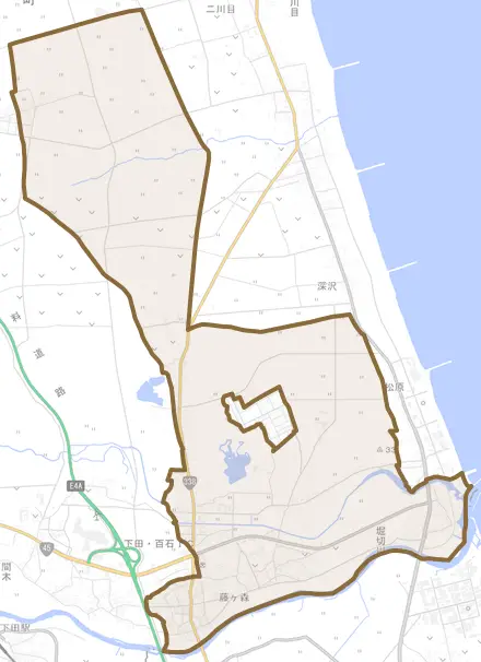豊栄とその周辺の地図。町の範囲を重ねている