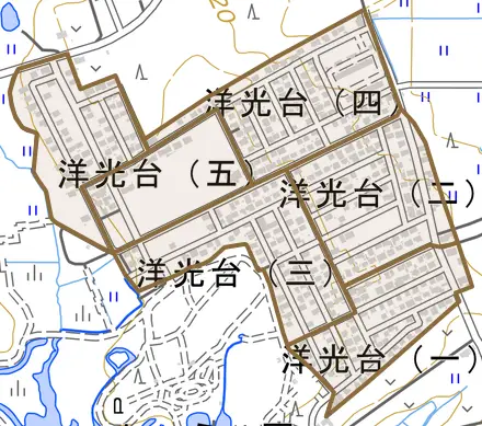 洋光台とその周辺の地図。町の範囲を重ねている