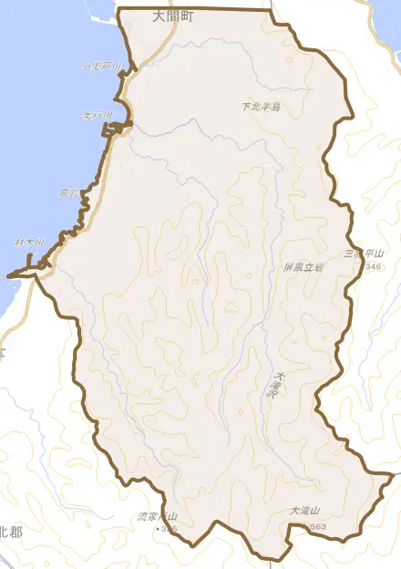 大字奥戸とその周辺の地図。町の範囲を重ねている