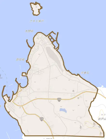 大字大間とその周辺の地図。町の範囲を重ねている