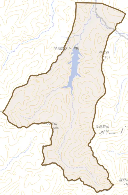 大字早瀬野とその周辺の地図。町の範囲を重ねている