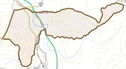 大字唐牛とその周辺の地図。町の範囲を重ねている