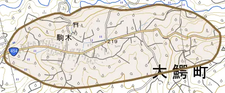 大字駒木とその周辺の地図。町の範囲を重ねている