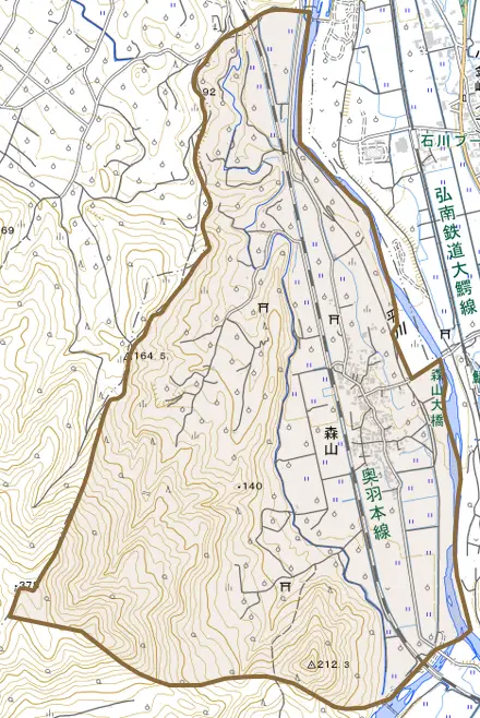 大字森山とその周辺の地図。町の範囲を重ねている