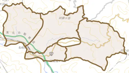 大字長峰とその周辺の地図。町の範囲を重ねている