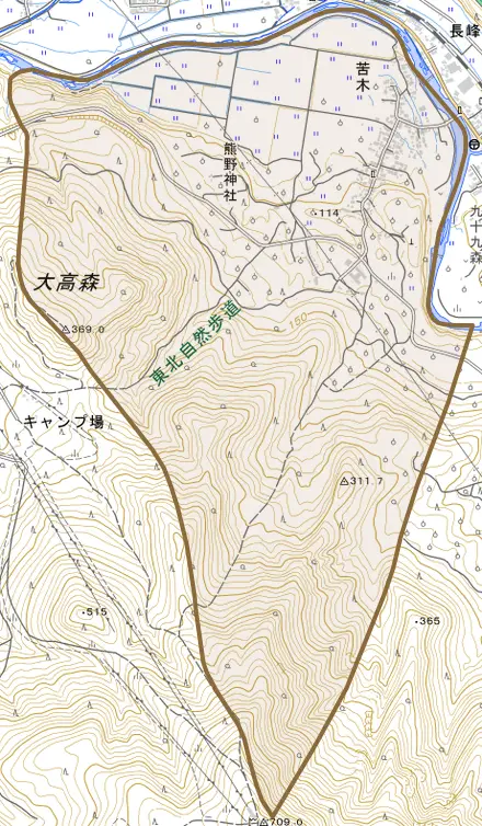 大字苦木とその周辺の地図。町の範囲を重ねている