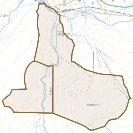 大字虹貝とその周辺の地図。町の範囲を重ねている