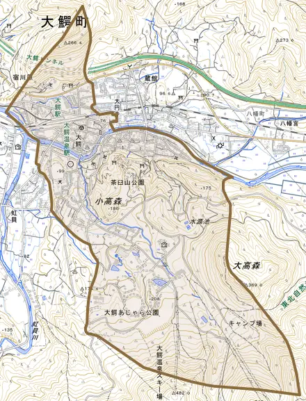 大字大鰐とその周辺の地図。町の範囲を重ねている