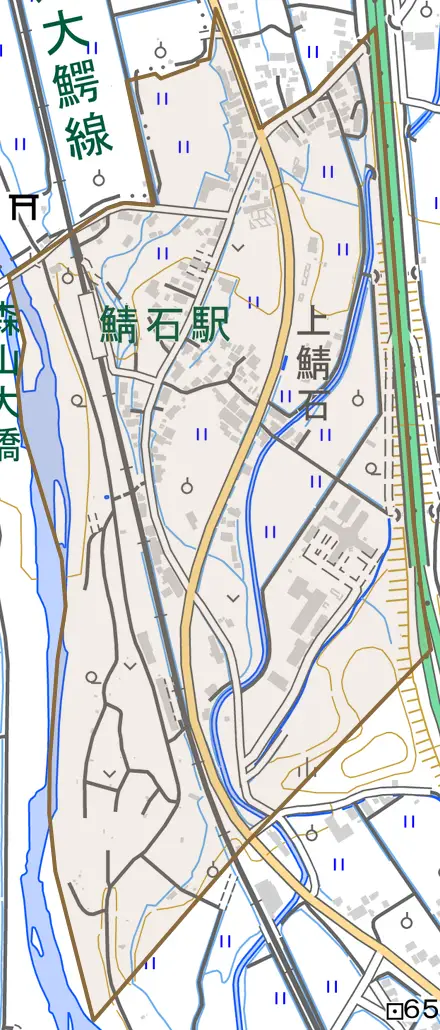 大字鯖石とその周辺の地図。町の範囲を重ねている
