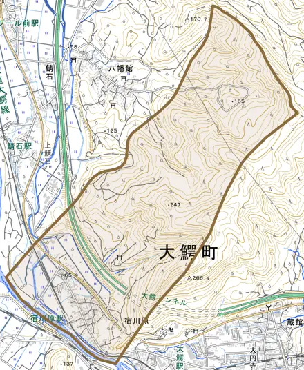 大字宿川原とその周辺の地図。町の範囲を重ねている
