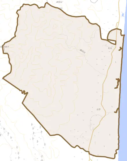 大字出戸とその周辺の地図。町の範囲を重ねている