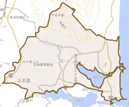 大字尾駮とその周辺の地図。町の範囲を重ねている