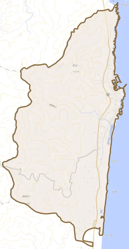 大字泊とその周辺の地図。町の範囲を重ねている