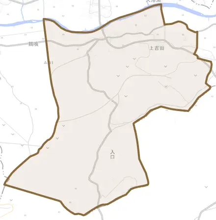 大字上吉田とその周辺の地図。町の範囲を重ねている