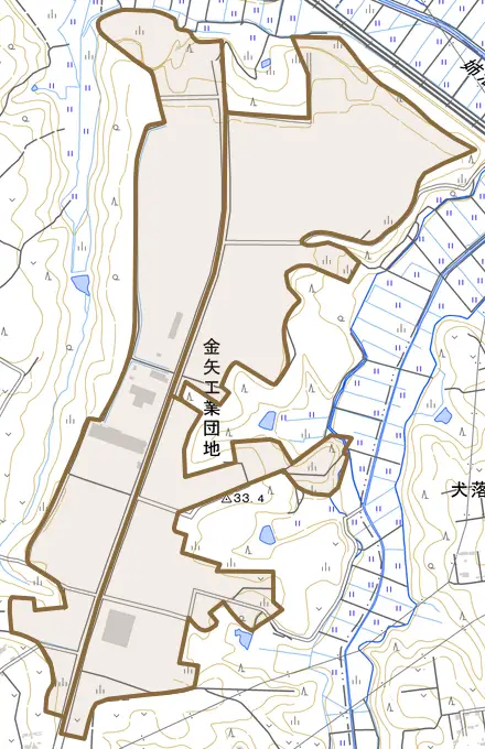 金矢とその周辺の地図。町の範囲を重ねている