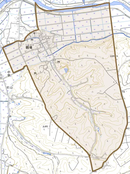 大字鶴喰とその周辺の地図。町の範囲を重ねている