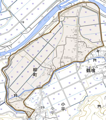 大字柳町とその周辺の地図。町の範囲を重ねている
