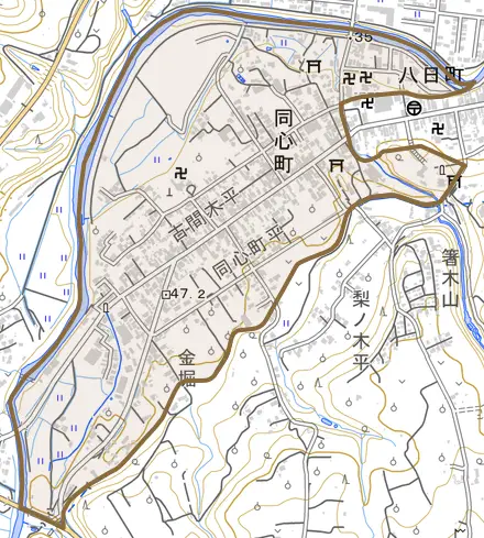 大字同心町とその周辺の地図。町の範囲を重ねている