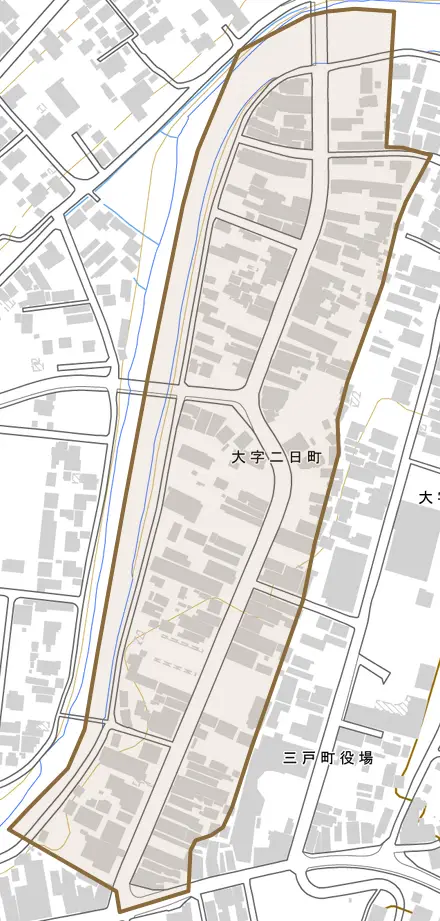 大字二日町とその周辺の地図。町の範囲を重ねている