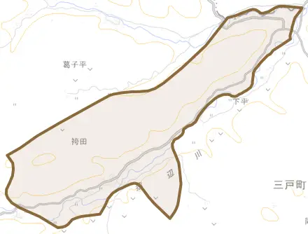 大字袴田とその周辺の地図。町の範囲を重ねている