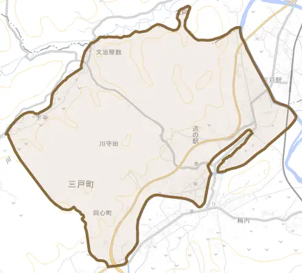 大字川守田とその周辺の地図。町の範囲を重ねている